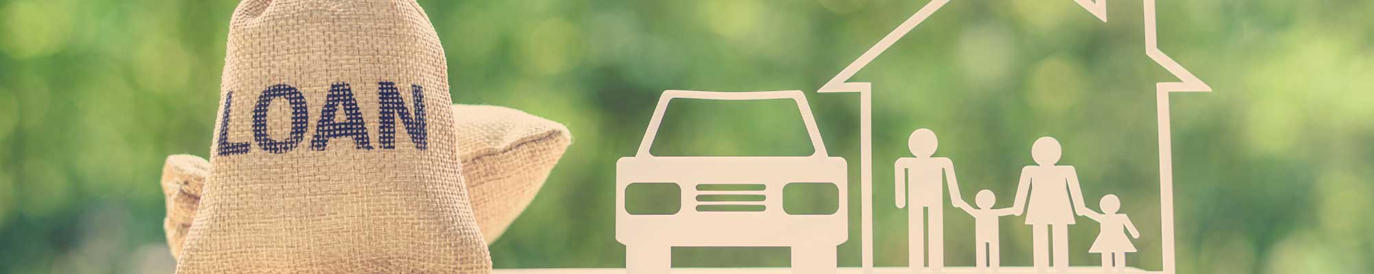 Family financial management, mortgage and payday loan or cash advance concept : Loan bags, family in a house on balance scale, depicts short term borrowing, high interest rate based on credit profile